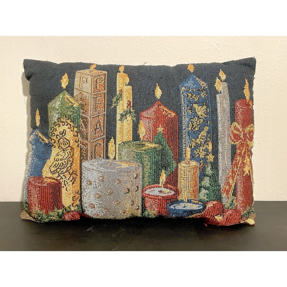 Vintage Holiday Multicolor Candlesticks Tapestry Pillow Gold Thread‎